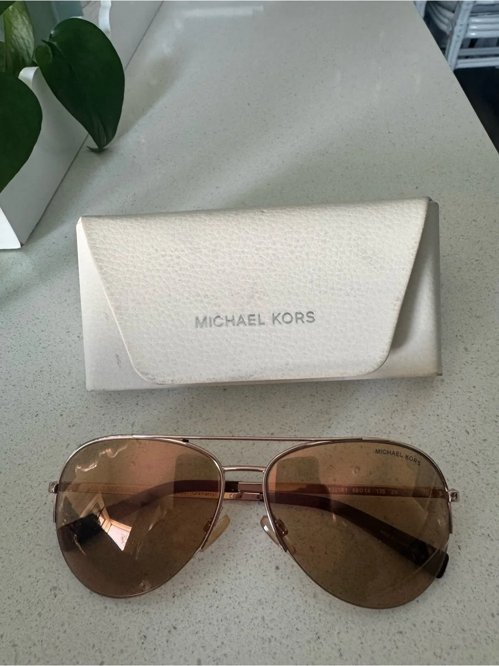 Michael Kors Rose Gold Aviator Sunglasses with Brown Lenses